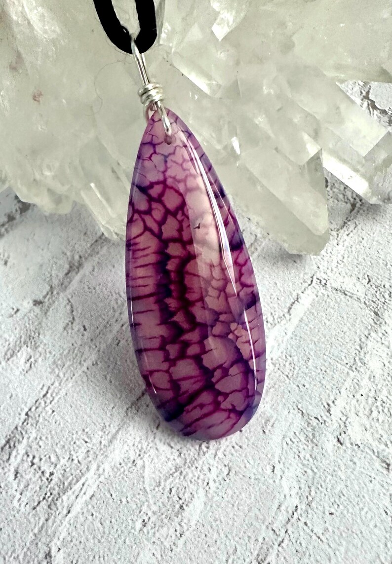 Magenta Agate Earring & Pendant Set, Teardrop Dragon Vein Agate on Cord or Chain image 8