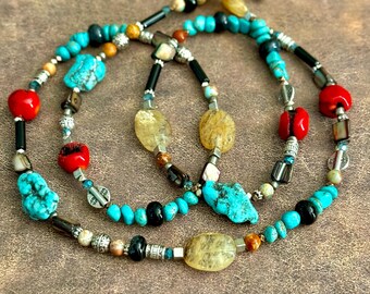 Colorful Turquoise Coral Layering Necklace,  Handmade Gemstone 38 inch long