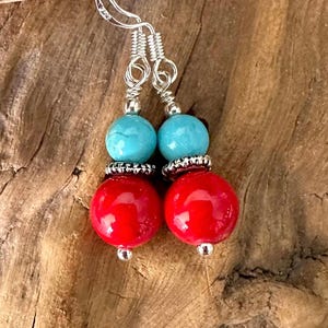 Red Coral & Turquoise Earrings,  Southwestern Red Blue Dangles Dainty 1.5”