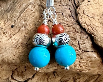 Turquoise & Coral Drop Earrings, Dainty Red Blue Earrings with Sterling Silver ear wires