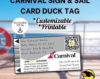 Może przedstawiać: Drukowana karta kaczki karnawałowej z tekstem "CARNIVAL SIGN & SAIL CARD DUCK TAG". Etykieta zawiera kod QR, grafikę kaczki oraz tekst "CONQUACKULATIONS!" i "Carnival".