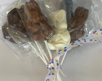 May include: A bouquet of chocolate lollipops shaped like animals, wrapped in clear plastic and tied with a colorful polka dot ribbon. The lollipops are in white, milk, and dark chocolate.
