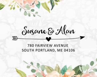 Beautiful Calligraphy Self Inking Address Stamp, Handwritting Wood Address Stamp, Arrow Heart Stamp, Custom Wedding Stamp