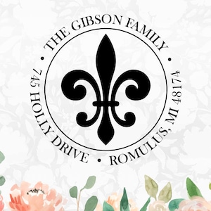 Timbro Fleur De Lis personalizzato, Timbro indirizzo autoinchiostrante personalizzato, Timbro indirizzo in legno, Timbro monogramma, Timbro indirizzo rotondo