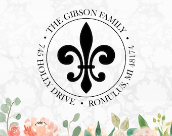 Personalisierter Fleur De Lis Stempel, Benutzerdefinierter Selbstfärbender Adressstempel, Holz Adressstempel, Monogrammstempel, Runder Adressstempel