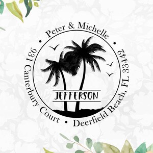 Sello de dirección autoentintado, sello personalizado, sello de horario de verano, sello de palmeras, sello de playa, sello de goma personalizado, sello de boda