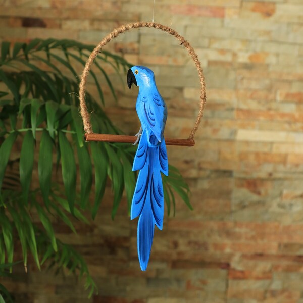 Blue Macaw Parrot Carved Wood - Tiki Hut Decor, Rio Movie Decor, Hanging Parrot, Tropical Room, Tiki Room, Tiki Bar, Tiki Bird