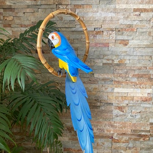 Blue Macaw Parrot, Blue Parrot Decor, Hanging Parrot, Tropical Decor, Tiki Bar Decor, Tropical Room, Tiki Room, Tiki Room