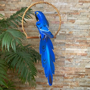 Blue Macaw Parrot, Tiki Room, Rio Movie Parrot, Tiki Bar Decor, Garden Decor, Tropical Decor, Hanging Parrot, Garden Bar Decor
