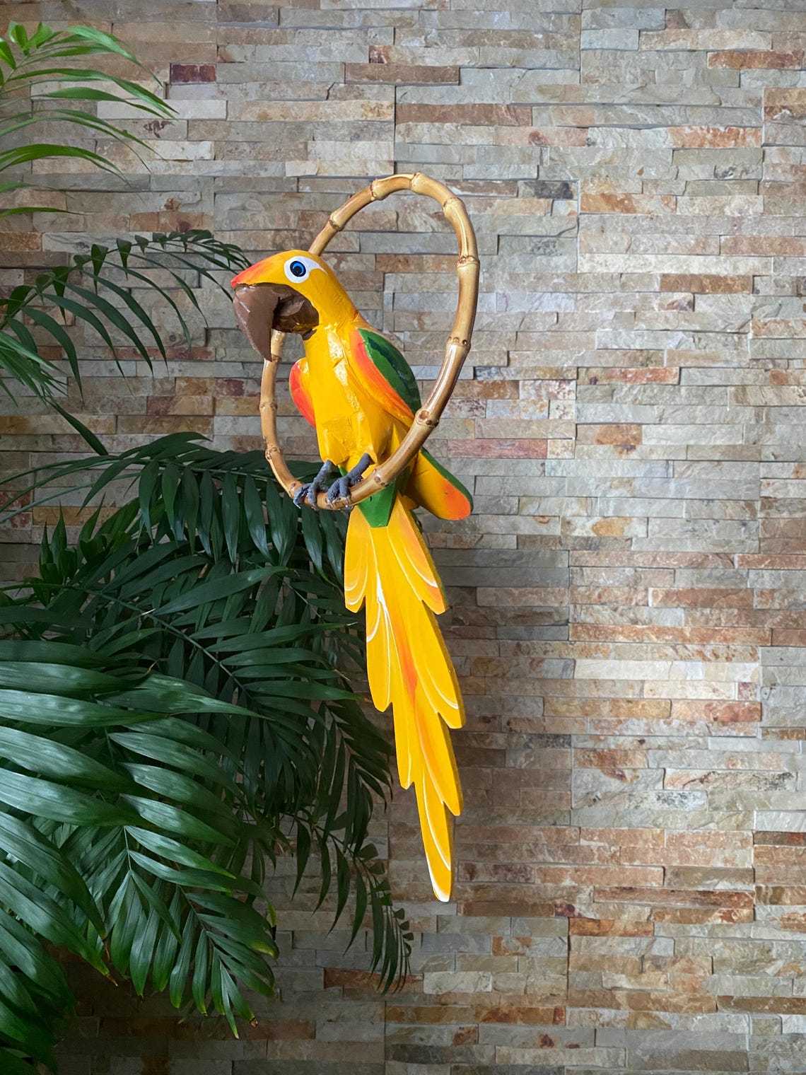 Curated visual reference: Fresh Look at Yellow Macaw Parrot Hand Carved Hanging Tiki Bar Tropical Decor
