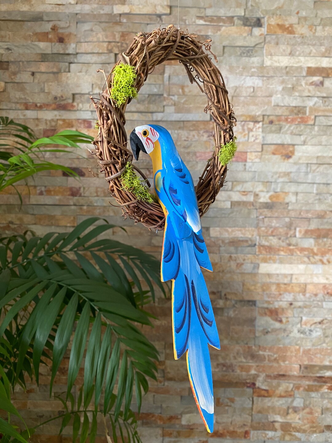 View of Blue and Yellow Macaw Parrot, Tiki Bar Decor, Tiki Hut Decor, Hanging ...