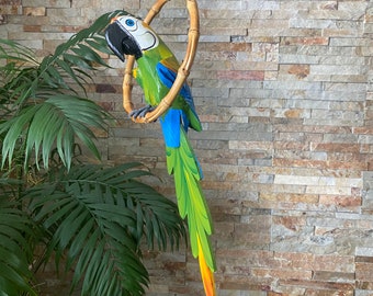 Green Macaw Parrot, Parrot Decor,  Tiki Bar Decor, Garden Decor, Tropical Decor, Enchanted Tiki Room, Tiki Bird, Hanging Parrot