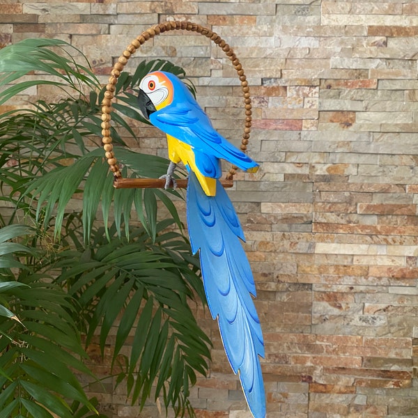 Blue Macaw Parrot, Blue Parrot Decor, Hanging Parrot, Tropical Decor, Tiki Bar Decor, Tropical Room, Tiki Room Decor, Patio Decor