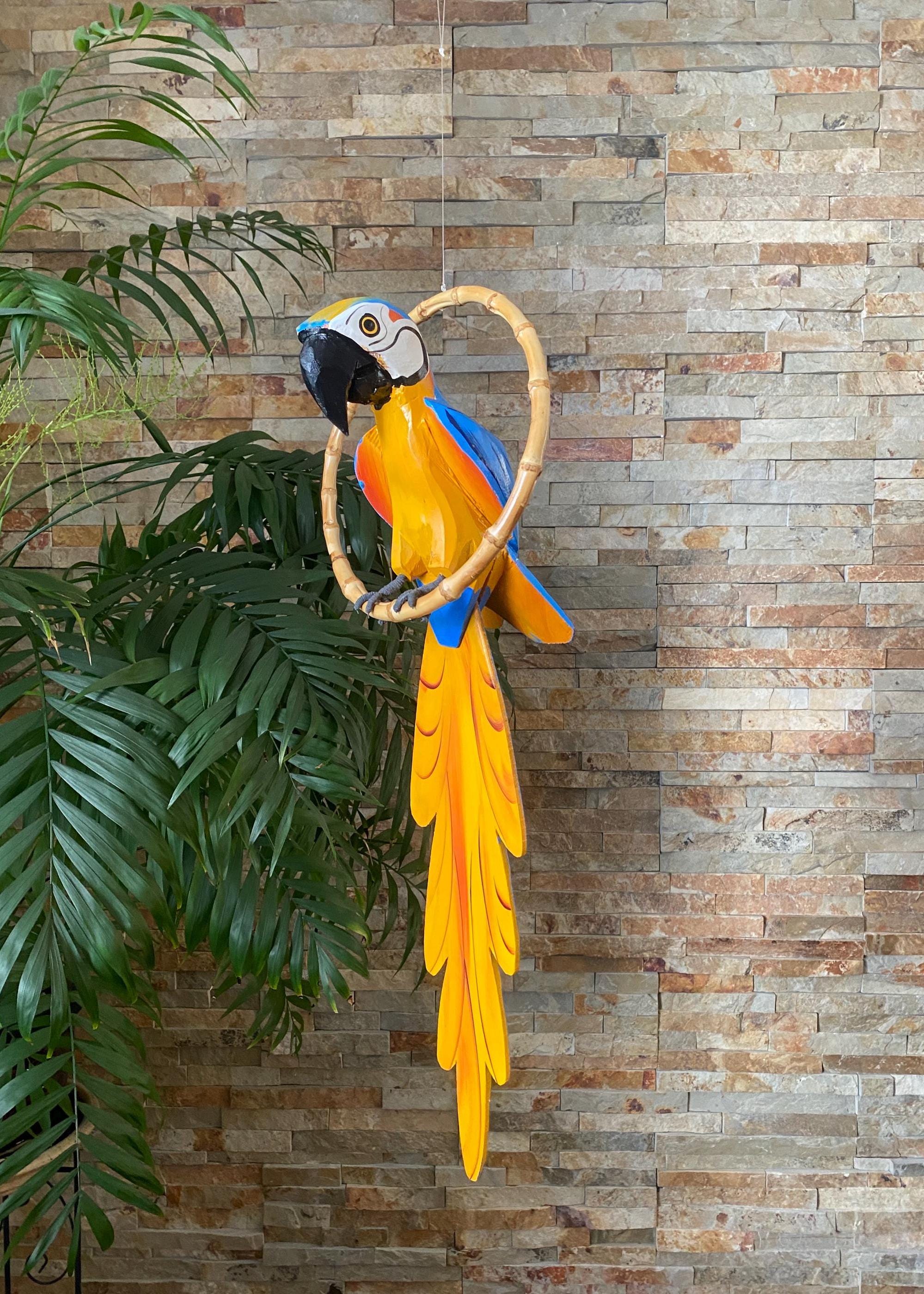 Life Size Blue and Yellow Macaw Parrot Decor - Hand Carved Hanging ...