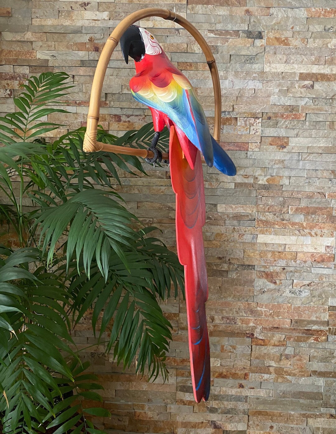 Curated visual reference: Gallery Detail: Red Macaw Parrot Wooden Parrot Hanging Parrot Tiki Bar Decor