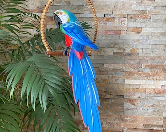 Image showcasing Catalina Macaw Parrot, Carved Wood, Tiki Bar Decor, Tropical Garden ...