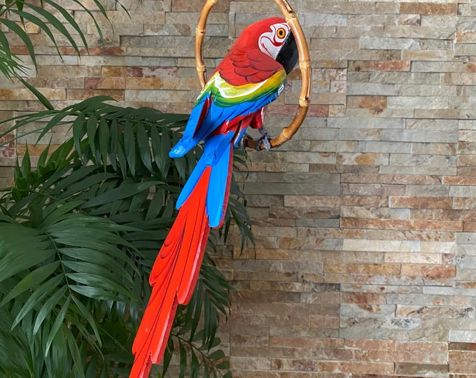 Curated visual reference: Picture Idea: Red Scarlet Macaw Parrot Hanging Parrot Tiki Bar Decor Garden