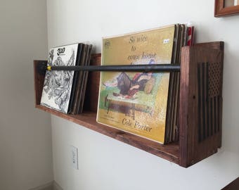 Vinyl Record Wall Holder Shelf floating With Steel Piping Pallets Reclaimed Wood Records Music Room Record Storage shelving