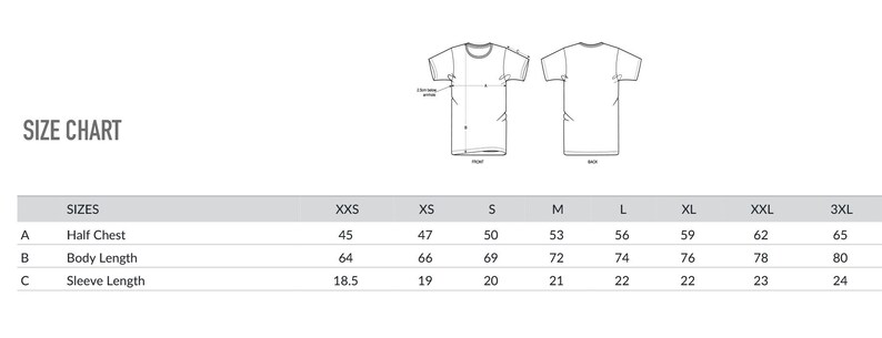 Pu&ograve; includere: Tabella delle taglie per t-shirt con misure in pollici per la mezza circonferenza del petto, la lunghezza del corpo e la lunghezza della manica. Le taglie includono XXS, XS, S, M, L, XL, XXL e 3XL.