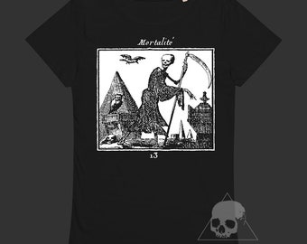Dam-T-shirt Mortalitè - Begravningskonst, Död, Ockultism, Dödskalle-T-shirt, Medeltida konst, Makaber konst, Esoterism, Gotik