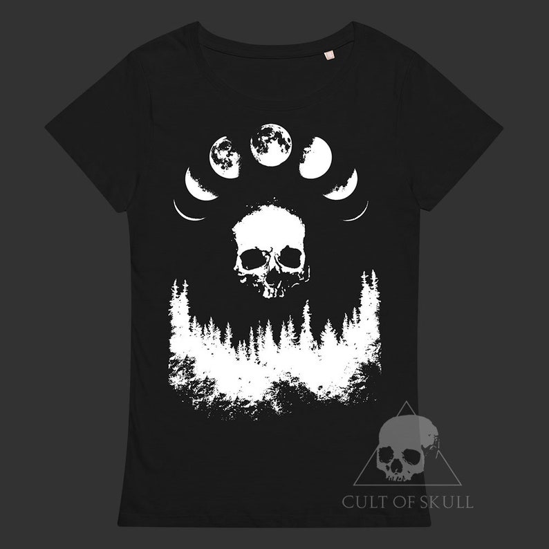 Mån-T-shirt för kvinnor - Dödskalle-T-shirt, Ockultism, Begravning, Hednisk, Makaber Konst, Natur, Månfaser, Hedniska Klädsel, Häxkonst bild 1