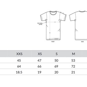 May include: Size chart for t-shirts with measurements in inches for half chest, body length, and sleeve length. Sizes include XXS, XS, S, M, L, XL, XXL, and 3XL.