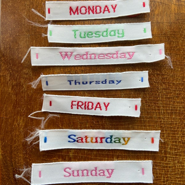 Days of the week Sew in labels, for sewing in to knickers