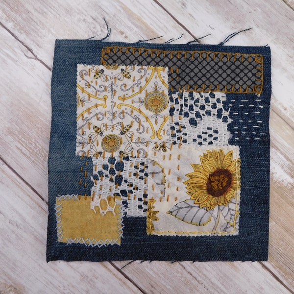 Denim patch, slow stitch, hippie, boho, shabby chic, upcycled, visible mending, cottage core, sunflowers, lace, beads