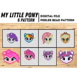 May include: Six My Little Pony character head pixel art patterns for perler bead crafts. The characters are Twilight Sparkle, Rainbow Dash, Pinkie Pie, Fluttershy, Rarity, and Applejack.
