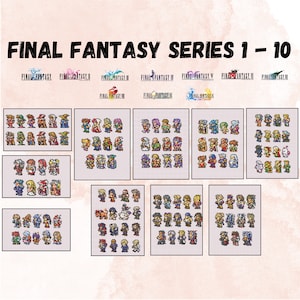 May include: A collection of pixel art characters from the Final Fantasy video game series. The characters are arranged in rows by game, from Final Fantasy I to Final Fantasy X. Each character is depicted in their iconic sprite form, showcasing the evolution of the series' visual style.