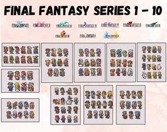 May include: A collection of pixel art characters from the Final Fantasy video game series. The characters are arranged in rows by game, from Final Fantasy I to Final Fantasy X. Each character is depicted in their iconic sprite form, showcasing the evolution of the series' visual style.