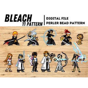 May include: A digital file of 11 pixel art patterns featuring characters from the anime Bleach. The patterns are designed for use with Perler beads.