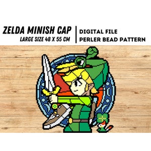May include: A pixel art pattern for a perler bead project featuring Link from The Legend of Zelda: Minish Cap. The pattern is 48 x 55 cm and includes Link holding a sword, wearing a green cap and tunic, and standing in front of a blue and white circular design.