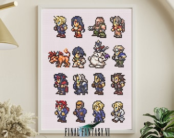 以下が含まれることがあります： ファイナルファンタジーVIIのビデオゲームのキャラクターのピクセルアートプリント。プリントは、さまざまなポーズをとったさまざまなキャラクターが描かれた白い背景を特徴としています。キャラクターはすべてピクセル化されており、プリントは白いフレームで囲まれています。プリントの下部には「FINAL FANTASY VII」というテキストが印刷されています。