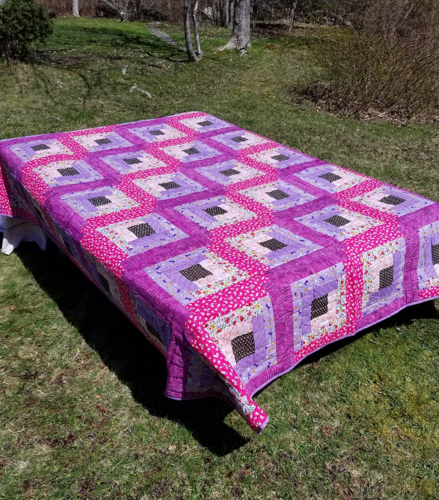 Pink and Lavender Log Cabin Queen Size Quilt 83 inches by 98 Etsy