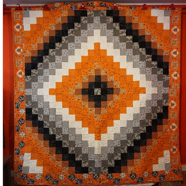 Trip Around The World ( Ode to the Pumpkin ) Full Queen Size Handmade Quilt, Halloween Theme, Colors Orange Black Gray White.