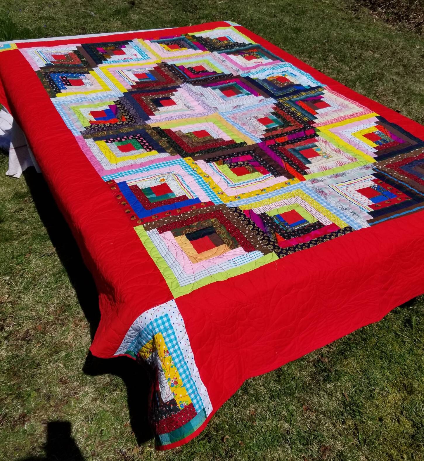 Handmade Log Cabin Quilt Twin Size Made With Vintage Fabric Etsy Canada