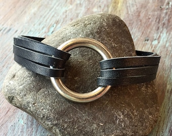 Leather O Ring Cuff Bracelet: Black and Silver Multi-Strap Boho Bangle