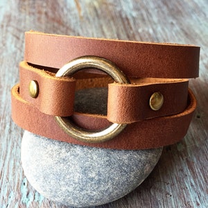 Handcrafted Leather Triple Wrap Bracelet: Minimalist O Ring Cuff - Personalized Gift