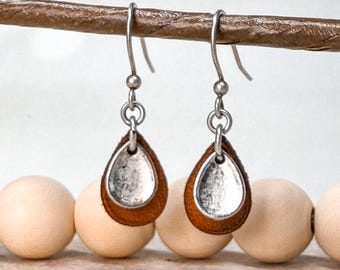 Minimalist Leather and Metal Teardrop Earrings: Mini Antique Silver Dangles
