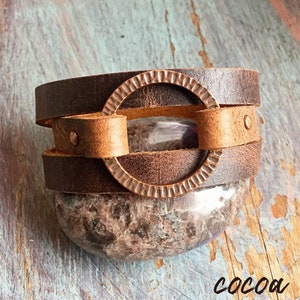 Handmade Leather Wrap Bracelet: Etched Ring, Triple Band Cuff