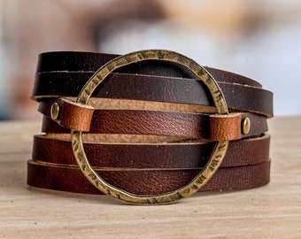 Hammered Ring Leather Wrap Bracelet: Boho Cuff, Personalized Jewelry