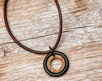 Engraved Wood + Metal Leather Necklace: Personalized Ring and 3mm Cord Jewelry