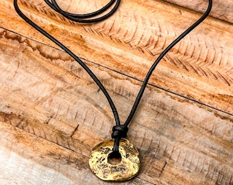 Rustic Bronze Pendant Necklace: 2mm Black Leather Cord and Antique Brass Disk