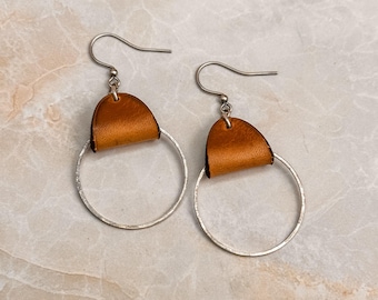 Bold Drop Earrings: Hammered Circle + Leather Personalized Jewelry
