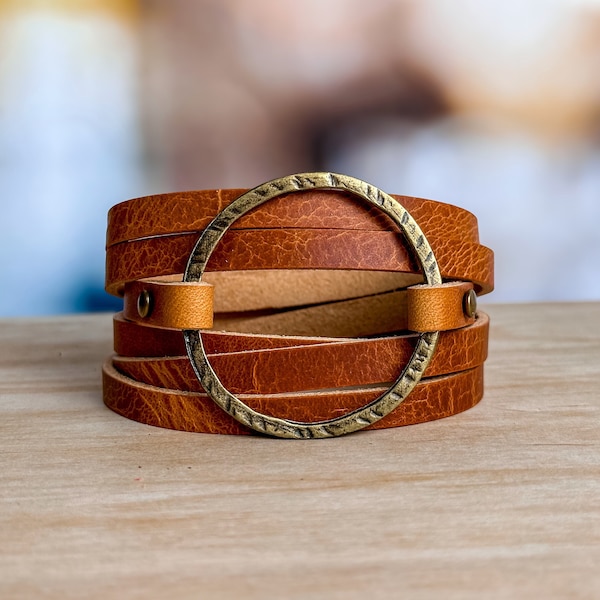 Womens Leather Bracelet Wrap | Multi-strand Boho Hoop Cuff | Natural + Antique Brass | Handmade Jewelry Personalized Gift For Her