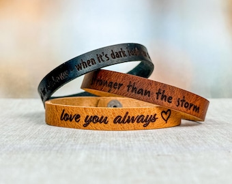 Personalized Engraved Leather Bracelet: Minimalist Cuff in 17 Colors