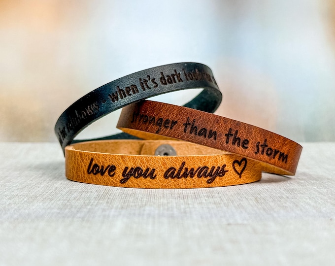 Personalized Engraved Leather Bracelet: Minimalist Cuff in 17 Colors