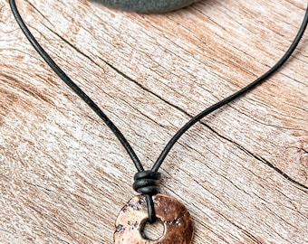 Copper Pendant and 2mm Black Leather Cord Necklace: Adjustable Knot Closure