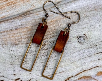 Handmade Cognac and Bronze Dangle Earrings: Long Antique Brass with Brown Drops